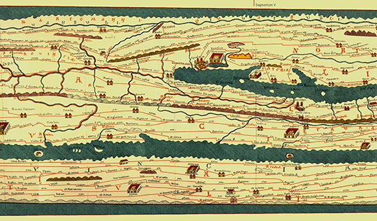 Figura 7 - Per quanto possa sembrare strano, questa è l'Italia settentrionale e centrale così come rappresentata sulla Tabula Peutingeriana, una antica carta geografica di epoca medievale che rappresenta il mondo conosciuto agli antichi Romani. La striscia centrale giallastra è la nostra penisola, orientata in "orizzontale" con il nord a sinistra e il sud a destra.t.