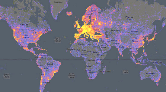 Figura 4 - Le foto turistiche su Panoramio non saranno una base di dati dall’esattezza scientifica ma la loro distribuzione ci dà comunque una visione relativamente attendibile delle zone in cui si concentra la presenza turistica.