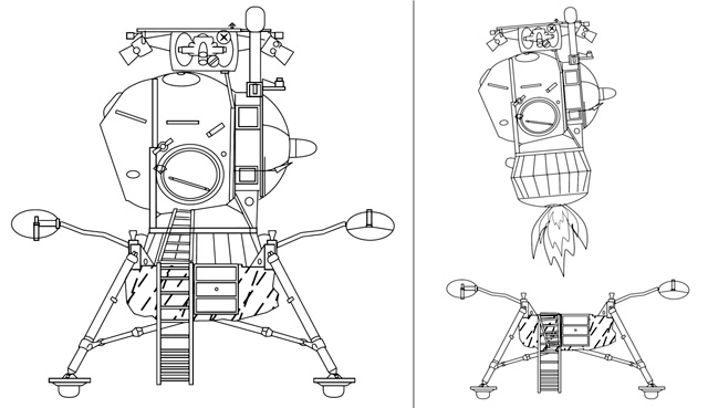 Figura 1 - Schema del Lunar Lander sovetico, una sorta di batiscafo spaziale progettato per portare un cosmonauta sulla Luna e permettergli di ripartire.