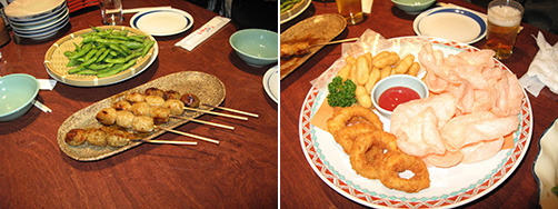 Figura 1 - Alcuni caratteristici antipasti di origine cinese. A sinistra: fagioli di soia edemame e spiedini di pollo yakitori; a destra: nuvole di drago e calamari impanati.