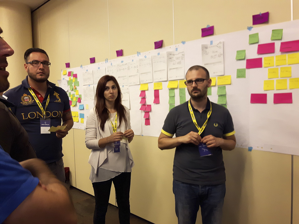 Figura 6 – La product acceleration track: siamo alla fase di discussione dello stile architetturale del prodotto. Dietro lo speaker e i partecipanti, si intravedono gli “strumenti” della discussione: tabelloni e Post-it che consentono di circoscrivere le idee e fissare i punti.