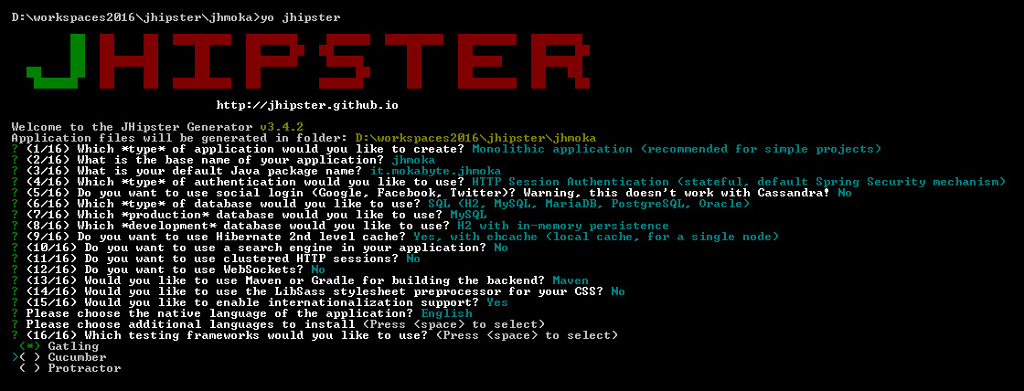 Figura 2 – Le domande richieste da JHipster per la creazione dell’architettura dell’applicazione jhmoka.