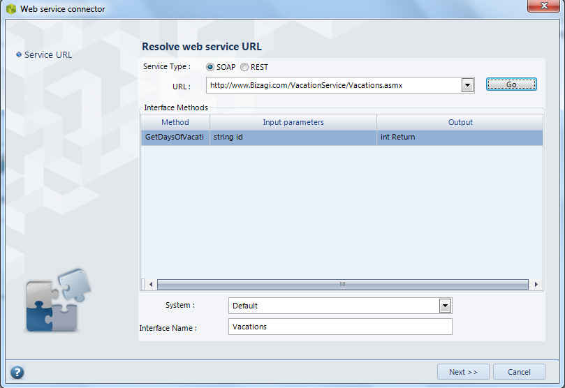 Figura 44 – Web service connector: selezione del metodo.