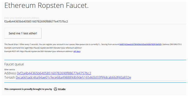 Figura 3 – Grazie a servizi come il Faucet di Ropste, possiamo ricevere in omaggio 1 ETH per i test.