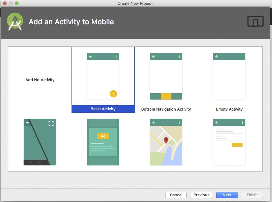Figura 3 – Selezione di Basic Activity come modello di applicazione.