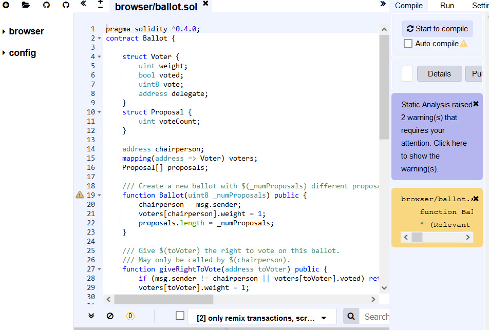 Figura 2 – Remix è un IDE che funziona da web e che consente di scrivere Smart Contract.
