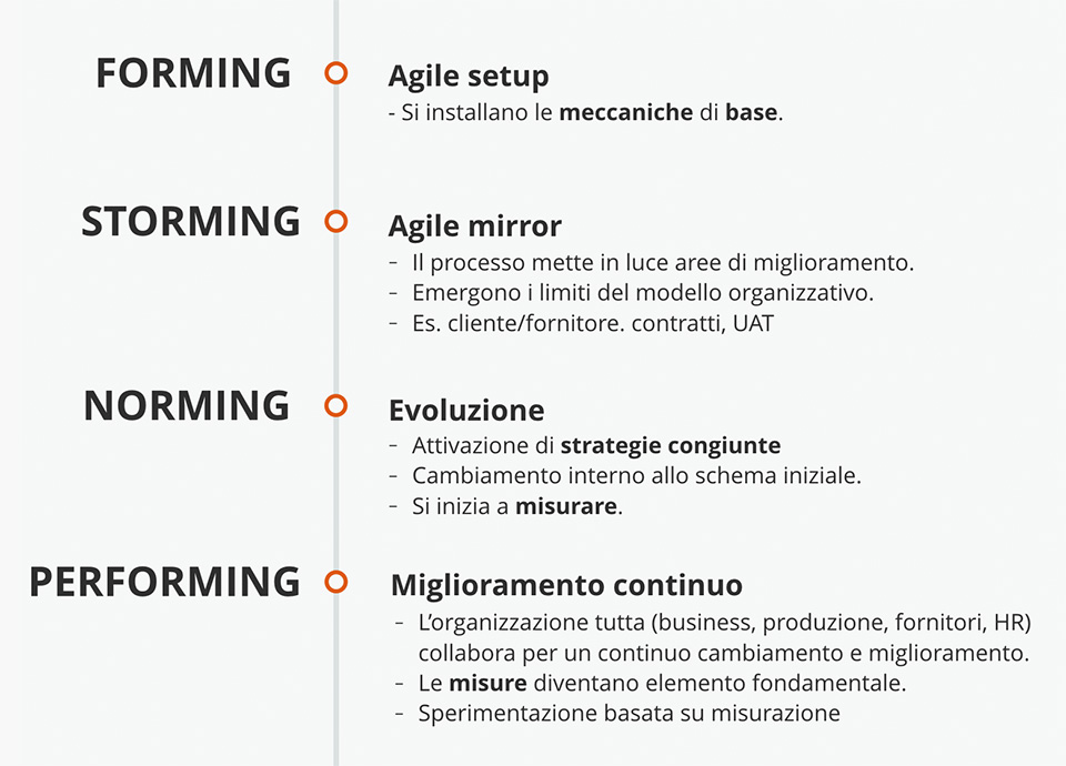 Figura 3 – Le quattro fasi del ciclo di Tuckman schematizzate in un’ottica di grande organizzazione.