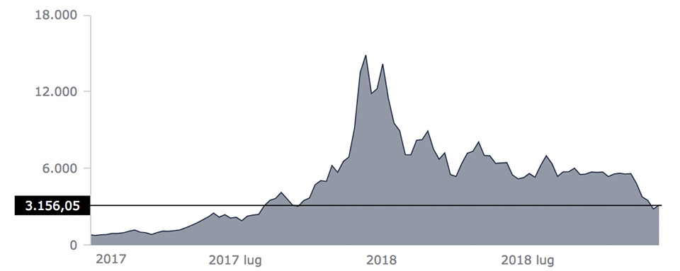 Figura 2 – L’andamento del controvalore in euro per un Bitcoin, da inizio 2017 a dicembre 2018. Si nota un picco in corrispondenza della bolla speculativa e una progressiva diminuzione del valore, fino ai minimi attuali. Da ricordare che la capitalizzazione complessiva della criptovaluta “in circolazione” si attesta intorno ai 53 miliardi di euro.