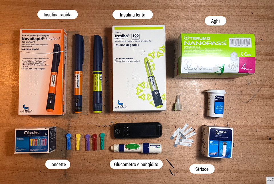 Figura 1 – Questo è il kit di base di quasi tutti i diabetici di tipo 1.