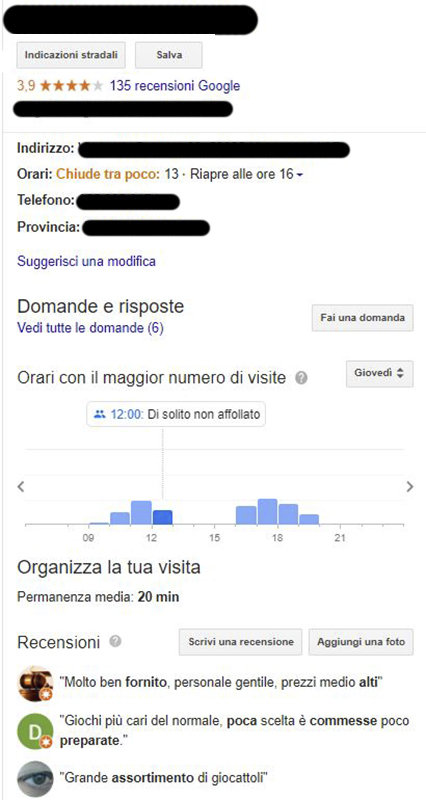 Figura 4 – Una scheda Google My Business. Questa attività non ha sito web e non pone alcuna cura nella gestione dei canali digitali. Nonostante questo, i clienti rilasciano la loro esperienza: uno store online avrebbe fornito gli strumenti adeguati per rispondere alle recensioni negative.
