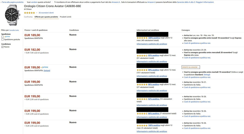 Figura 5 – La schermata “altri venditori” di una scheda prodotto. Le politiche di prezzo e di offerta dei concorrenti sono velocemente definibili per chi vende su Amazon.