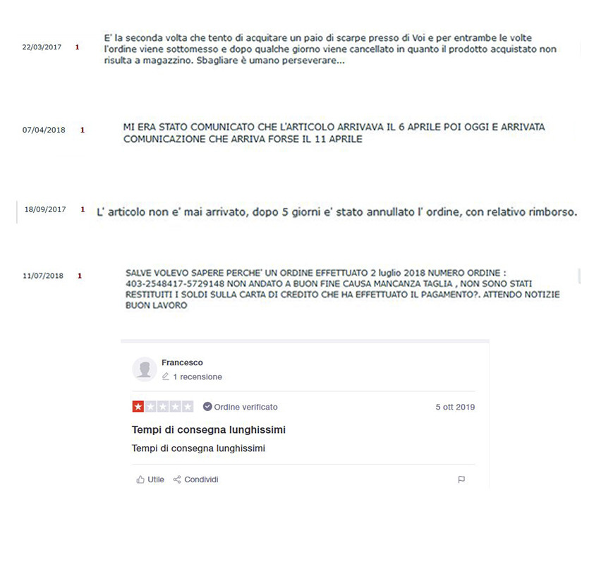 Figura 1 – Alcuni Feedback negativi. Con recensioni di questo tipo, lo store online dovrà lavorare molto sulla propria logistica prima di pensare a spendere soldi in marketing.