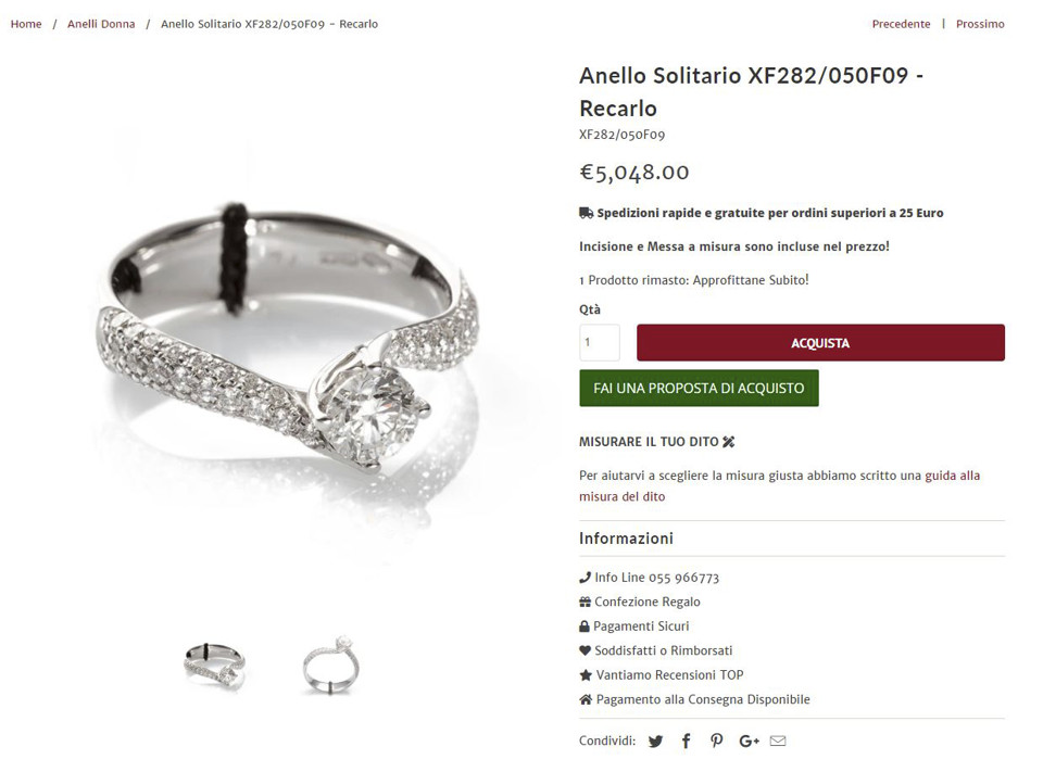 Figura 4 – Una scheda prodotto di un sito di gioielli. In questa scheda il cliente trova subito tutte le indicazioni necessarie, oltre che una rapida guida su come misurare il dito per scegliere la giusta misura dell’anello.