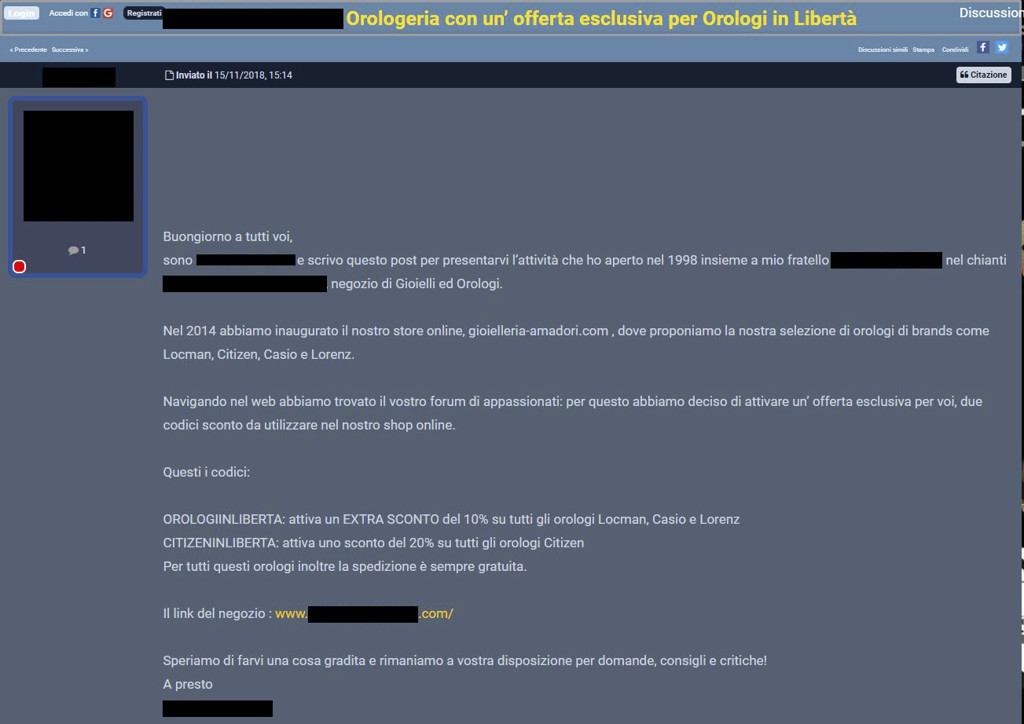Figura 7 – Un esempio di Digital PR. Un post su un forum di settore può essere veramente interessante ai fini della conoscenza di un brand. Inoltre, porta con sé un link diretto allo store.