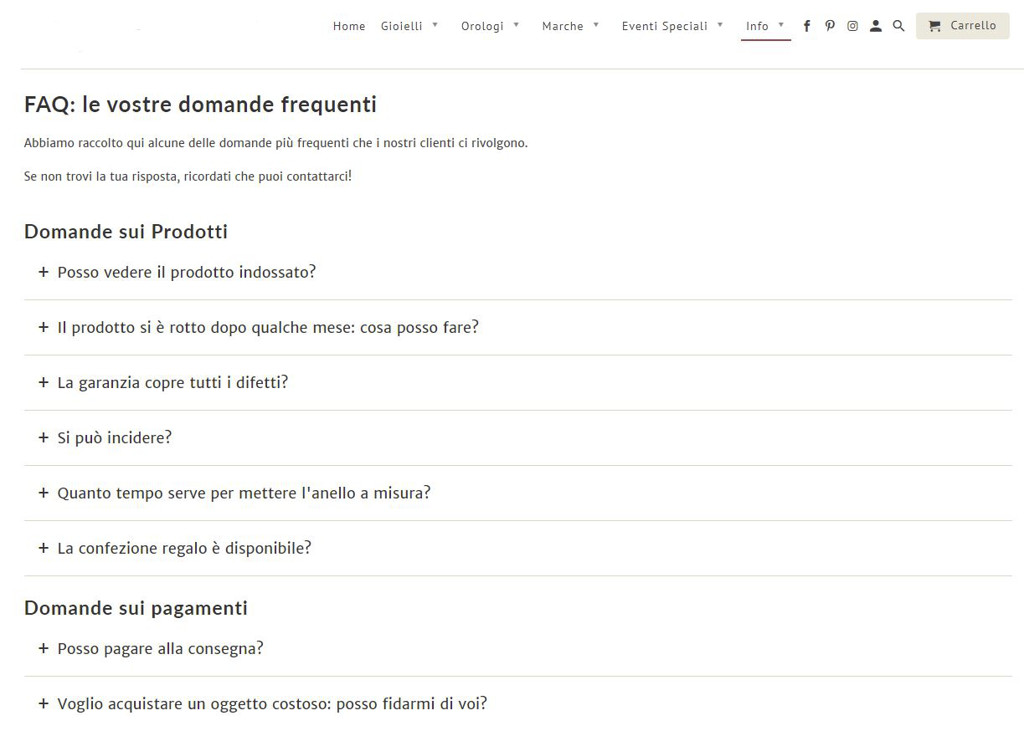 Figura 4 – Una pagina “Domande frequenti”. Le FAQ sono un ottimo espediente per far trovare velocemente ai propri clienti le informazioni che cercano.