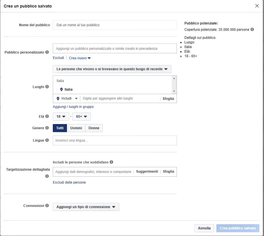Figura 2 – Una schermata di creazione dell’audience su Facebook. Su Facebook è possibile indirizzare le pubblicità in modo molto preciso, scegliendo età, genere, zona e anche interessi specifici, oltre che a tutti coloro che hanno visitato il nostro sito web.