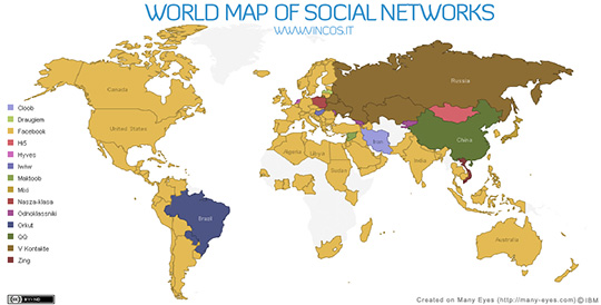 Figura 4 - Un uso comune della rappresentazione cartografica: la diffusione dei vari social network nel mondo. Notare le parti in bianco relative a numerose aree per cui non abbiamo dati.