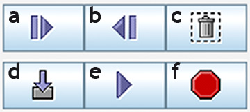 Figura 5 - I tasti di controllo in modalità "stored path" (in basso a destra sull'interfaccia), per registrare un percorso: a. Record step ; b. Undo ; c. Discard sequence ; d. Submit sequence ; e. Play; f. Panic!