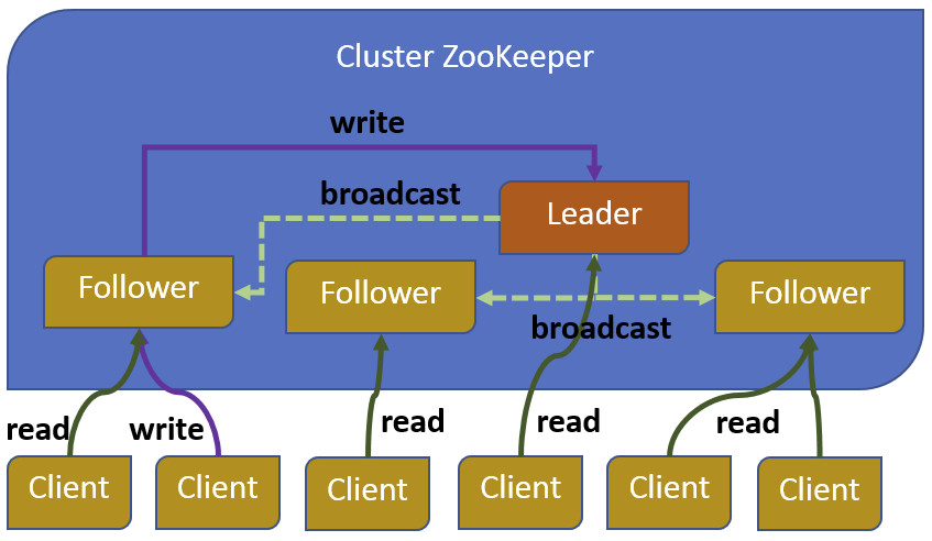 Figura 1. ZooKeeper: configurazione in cluster, leader, follower.