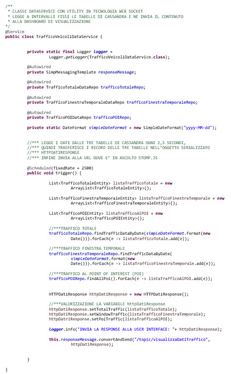 Figura 5 – Classe DataService con la codifica di accesso schedulato ai record di Cassandra.